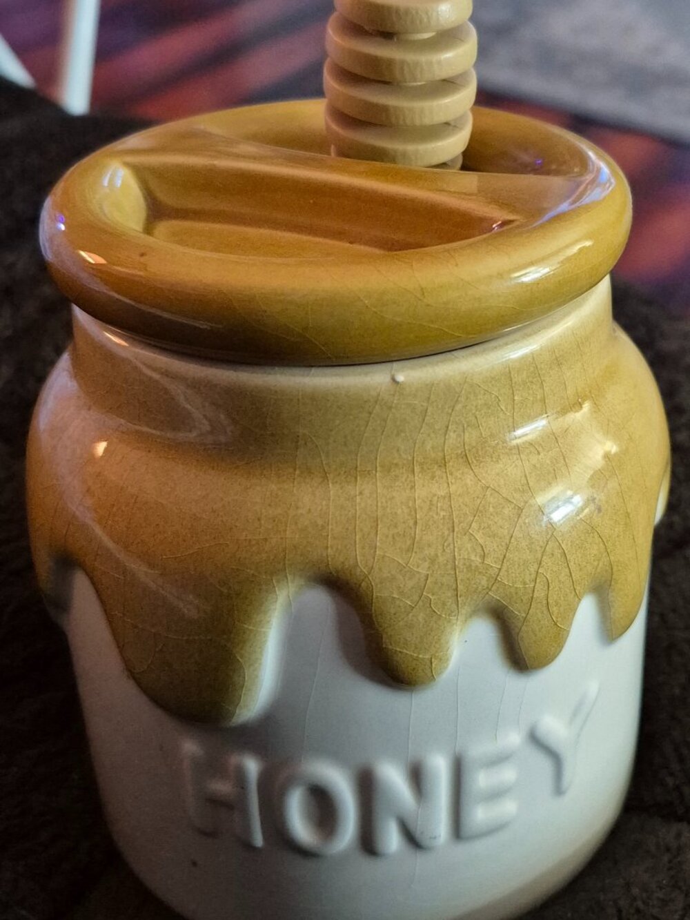 Vintage 1980s Teleflora Ceramic Honey Pot w/Lid Wooden Dipper Yellow Drip Glaze